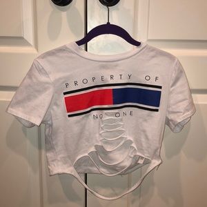 A ripped Boohoo party crop top